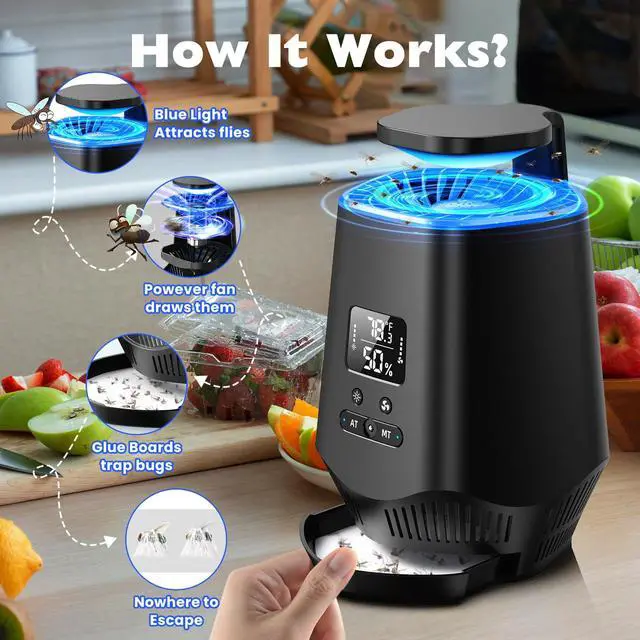 Alt view image 7 of 7 - Fruit Fly Traps for Indoors, Smart Fly Trap Indoor Bug Zapper Gnat Traps for House Indoor with Temperature and Humidity Sensor, 10PCS Sticky Boards BK