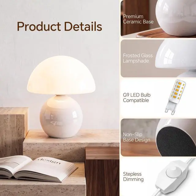 Alt view image 6 of 7 - Mushroom Lamp Table Lamp for Bedroom-Small Desk Table Lamps,White