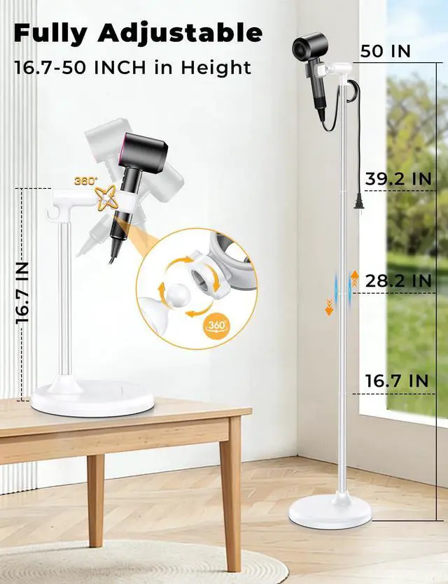 Alt view image 3 of 7 - Hands-Free Hair Dryer Stand for Blow Dryers Hairdryer Holder for Families & Pet Grooming Bathroom Use Hair Dryer Holder with Anti-Slip Stable Base, Adjustable Height 16.7 - 50 Inch