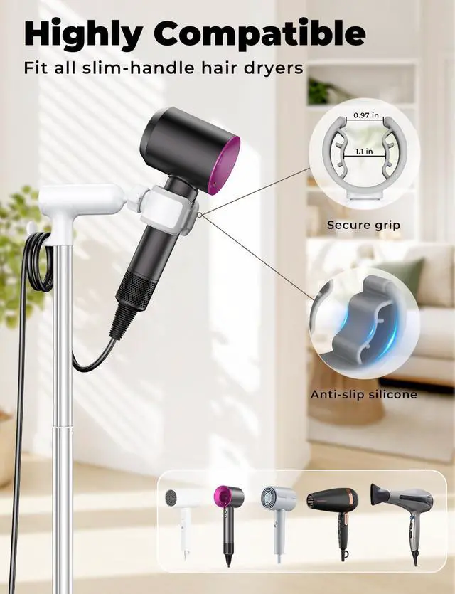 Alt view image 5 of 7 - Hands-Free Hair Dryer Stand for Blow Dryers Hairdryer Holder for Families & Pet Grooming Bathroom Use Hair Dryer Holder with Anti-Slip Stable Base, Adjustable Height 16.7 - 50 Inch