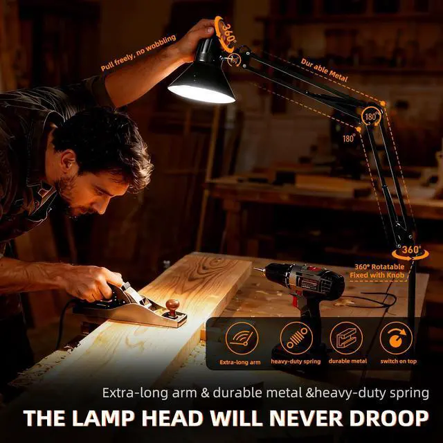 Alt view image 3 of 7 - Black Desk Lamp with Clamp, Extra-Tall Adjustable Metal Swing Arm, 3000K