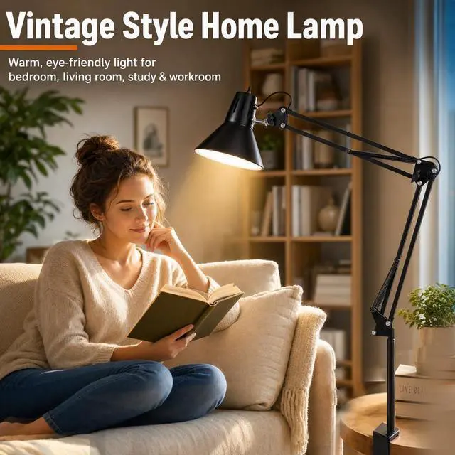 Alt view image 5 of 7 - Black Desk Lamp with Clamp, Extra-Tall Adjustable Metal Swing Arm, 3000K