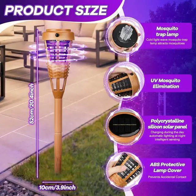 Alt view image 2 of 6 - 4 Pcs Solar Bug Zapper Outdoor, Torch Zapper Lights Waterproof Mosquito Killer Lamp with Auto On/Off Lighting,Purple Bug Light and White Ambient Light for Garden Patio Yard Balcony(Orange)
