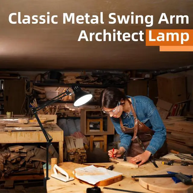 Alt view image 4 of 7 - Black Desk Lamp with Clamp, Extra-Tall Adjustable Metal Swing Arm, 3000K