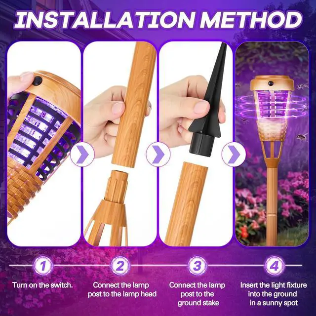 Alt view image 6 of 6 - 4 Pcs Solar Bug Zapper Outdoor, Torch Zapper Lights Waterproof Mosquito Killer Lamp with Auto On/Off Lighting,Purple Bug Light and White Ambient Light for Garden Patio Yard Balcony(Orange)