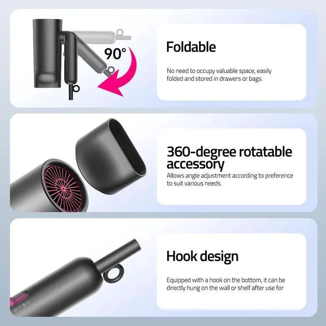 Alt view image 4 of 7 - Diffuser Hair Dryer for Curly Hair,1500W Fast Drying Blow Dryer with Diffuser for Women,Compact & Portable Negative Ion Hairdryer,Mini and Foldable Blowdryer Design for Travel(Gray)