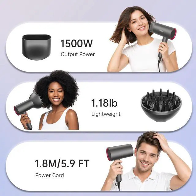 Alt view image 5 of 7 - Diffuser Hair Dryer for Curly Hair,1500W Fast Drying Blow Dryer with Diffuser for Women,Compact & Portable Negative Ion Hairdryer,Mini and Foldable Blowdryer Design for Travel(Gray)