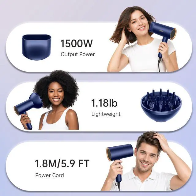 Alt view image 5 of 7 - Diffuser Hair Dryer for Curly Hair,1500W Fast Drying Blow Dryer with Diffuser for Women,Compact & Portable Negative Ion Hairdryer,Mini and Foldable Blowdryer Design for Travel(Blue)