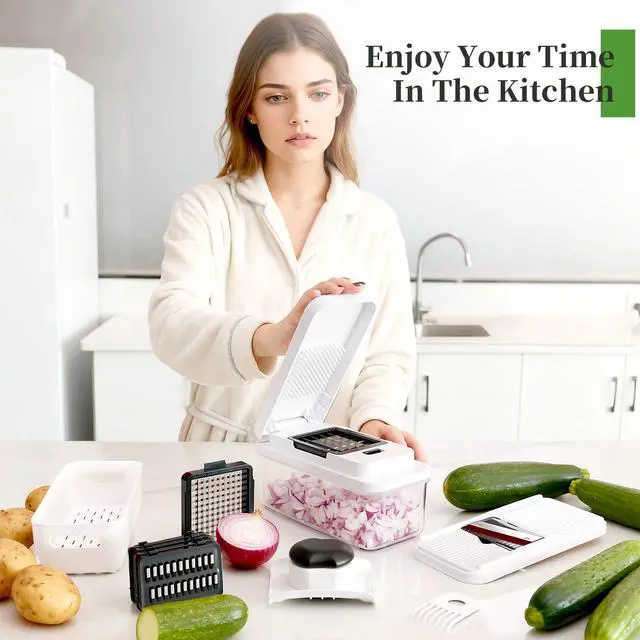 Alt view image 2 of 7 - 14-In-1 Chopper Vegetable Cutter with 7 Blades, Vegetable Chopper with Container and Lid, Mandoline Slicer for Kitchen, Veggie Slicer for Salad, Cheese Grater, Kitchen Gadgets Accessories Essentials
