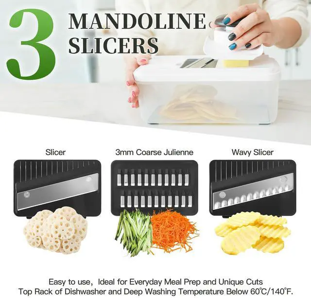 Alt view image 3 of 7 - 14-In-1 Chopper Vegetable Cutter with 7 Blades, Vegetable Chopper with Container and Lid, Mandoline Slicer for Kitchen, Veggie Slicer for Salad, Cheese Grater, Kitchen Gadgets Accessories Essentials