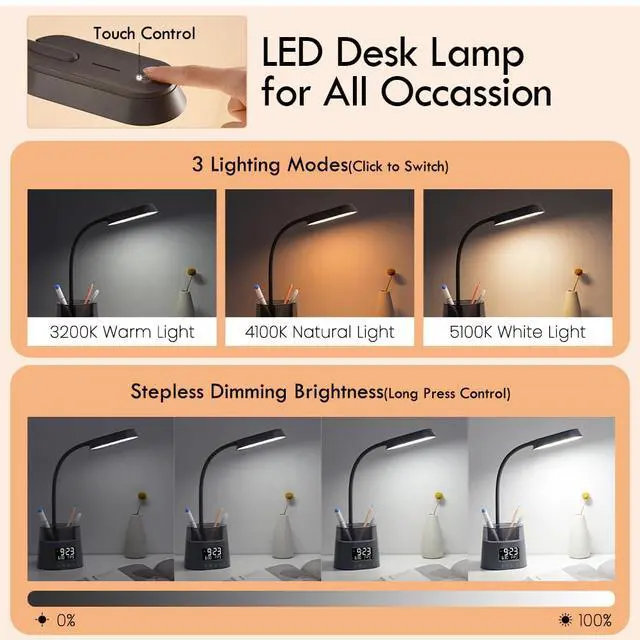 Alt view image 2 of 7 - LED Desk Lamp for College Dorm Room Essentials, 3 Modes,Touch, Gray