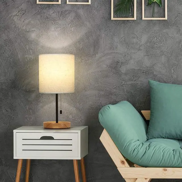 Alt view image 2 of 7 - Modern Table Lamp, Nightstand Desk Lamp, Bedside Lamp with Wood Base and Linen Shade for Living Room, Bedroom, Office, College Dorm