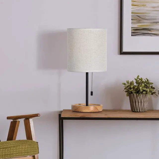 Alt view image 3 of 7 - Modern Table Lamp, Nightstand Desk Lamp, Bedside Lamp with Wood Base and Linen Shade for Living Room, Bedroom, Office, College Dorm