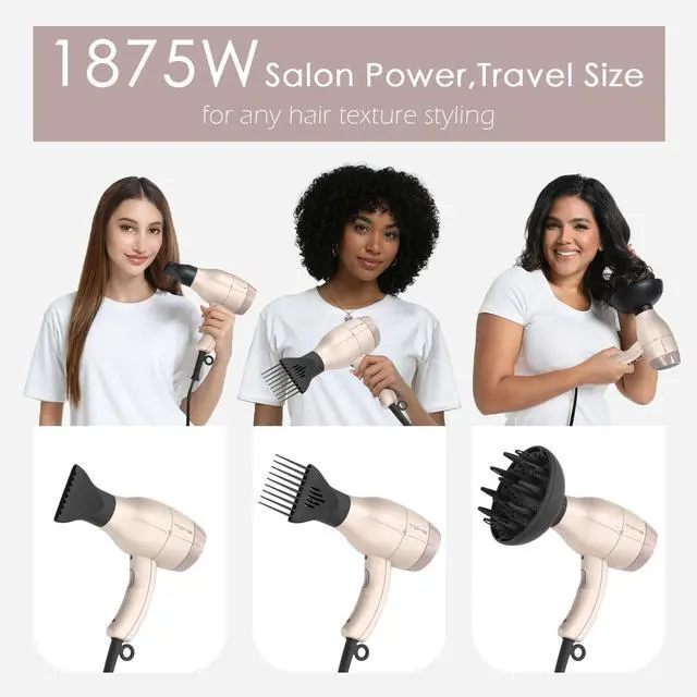 Alt view image 2 of 7 - Hair Dryer 1875W Diffuser Set, Ionic, 3 Attachments, 125V Home