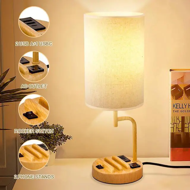 Alt view image 3 of 7 - Table Lamp with 3 USB Charging Ports, Modern Desk Lamp with AC Outlet and Phone Stands, Perfect Bedside Lamp for Bedroom, Living Room, Office (Pack of 2)