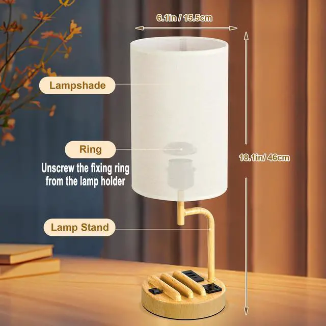 Alt view image 6 of 7 - Table Lamp with 3 USB Charging Ports, Modern Desk Lamp with AC Outlet and Phone Stands, Perfect Bedside Lamp for Bedroom, Living Room, Office (Pack of 2)