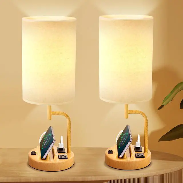 Alt view image 2 of 7 - Table Lamp with 3 USB Charging Ports, Modern Desk Lamp with AC Outlet and Phone Stands, Perfect Bedside Lamp for Bedroom, Living Room, Office (Pack of 2)