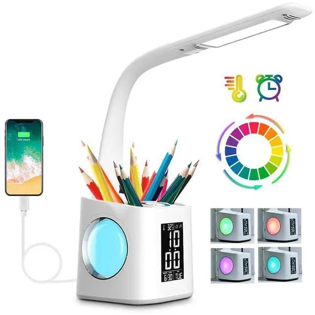 Main image of LED Desk Lamp with Clock,Color Changing Nightlight,Study Lamp with Pen Holder,Desk Light with USB Charger,Table Light for Home,Office,Bedroom,Gift for Kids,Students,Women,White