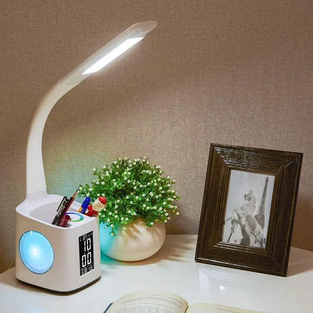 Alt view image 4 of 6 - LED Desk Lamp with Clock,Color Changing Nightlight,Study Lamp with Pen Holder,Desk Light with USB Charger,Table Light for Home,Office,Bedroom,Gift for Kids,Students,Women,White