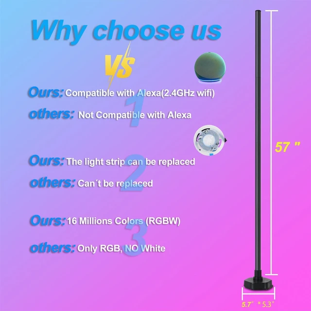 Alt view image 2 of 7 - Led Floor Lamp, Corner Lamp Compatible with Alexa, RGB Corner Floor Lamp with Music Sync, 16 Million DIY Colors for Bedroom