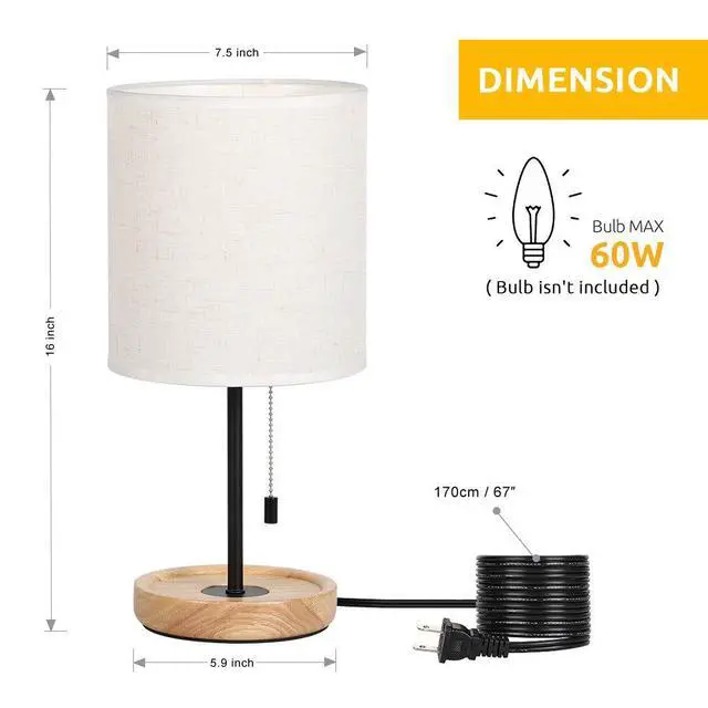 Alt view image 2 of 7 - Bedside Table Lamp - Modern Nightstand Lamp with Linen Fabric Shade Wooden Desk Lamps for Bedrooms, Office, College Dorm, Dinning Room, Girls Room - 16 Inches (HT-AD005)