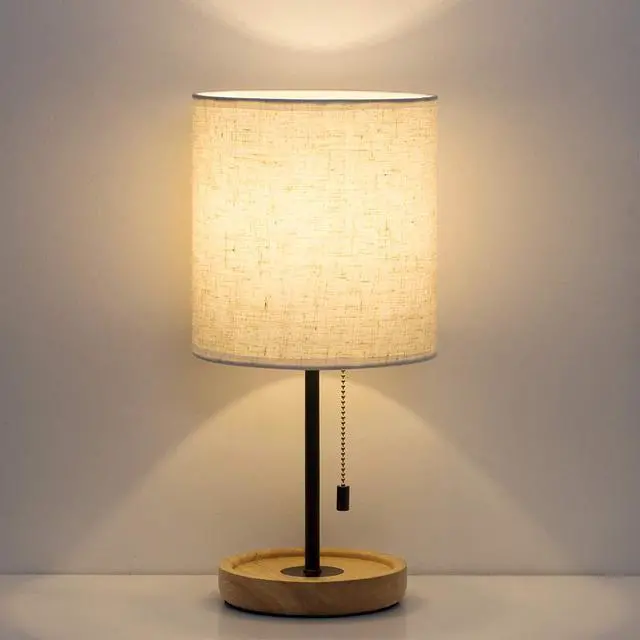 Alt view image 4 of 7 - Bedside Table Lamp - Modern Nightstand Lamp with Linen Fabric Shade Wooden Desk Lamps for Bedrooms, Office, College Dorm, Dinning Room, Girls Room - 16 Inches (HT-AD005)