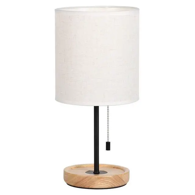 Alt view image 6 of 7 - Bedside Table Lamp - Modern Nightstand Lamp with Linen Fabric Shade Wooden Desk Lamps for Bedrooms, Office, College Dorm, Dinning Room, Girls Room - 16 Inches (HT-AD005)