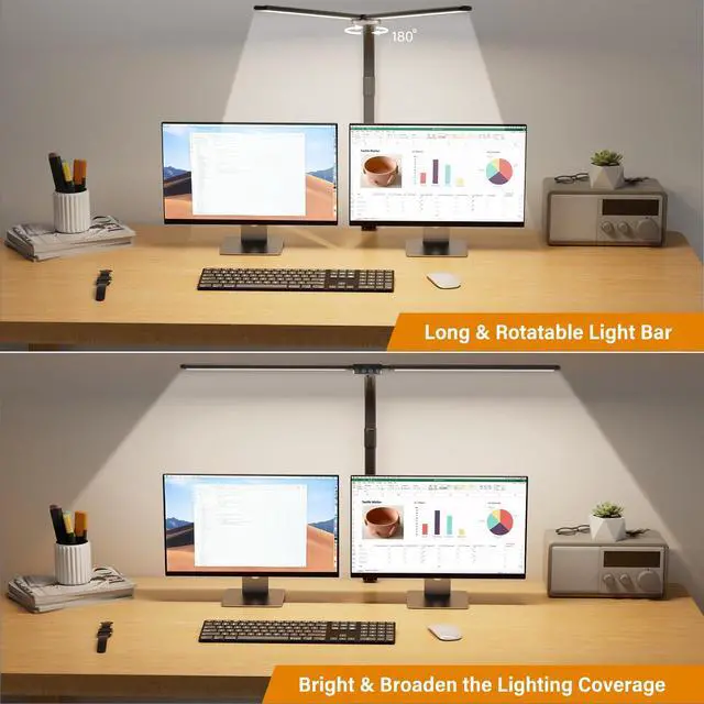Alt view image 2 of 7 - LED Desk Lamp for Home Office - Dimmable Computer Desk Light with Clamp, Modern Architect Task Lamp with Color Changing, Flexible Desktop Lamp with Gooseneck for Monitor, Double Head, Black