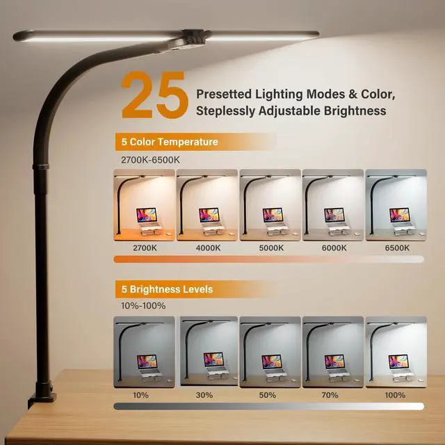 Alt view image 3 of 7 - LED Desk Lamp for Home Office - Dimmable Computer Desk Light with Clamp, Modern Architect Task Lamp with Color Changing, Flexible Desktop Lamp with Gooseneck for Monitor, Double Head, Black