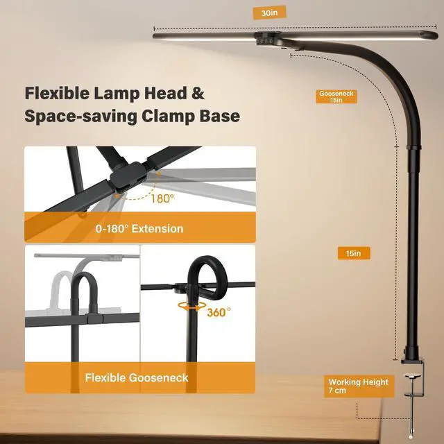 Alt view image 5 of 7 - LED Desk Lamp for Home Office - Dimmable Computer Desk Light with Clamp, Modern Architect Task Lamp with Color Changing, Flexible Desktop Lamp with Gooseneck for Monitor, Double Head, Black