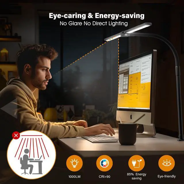 Alt view image 6 of 7 - LED Desk Lamp for Home Office - Dimmable Computer Desk Light with Clamp, Modern Architect Task Lamp with Color Changing, Flexible Desktop Lamp with Gooseneck for Monitor, Double Head, Black