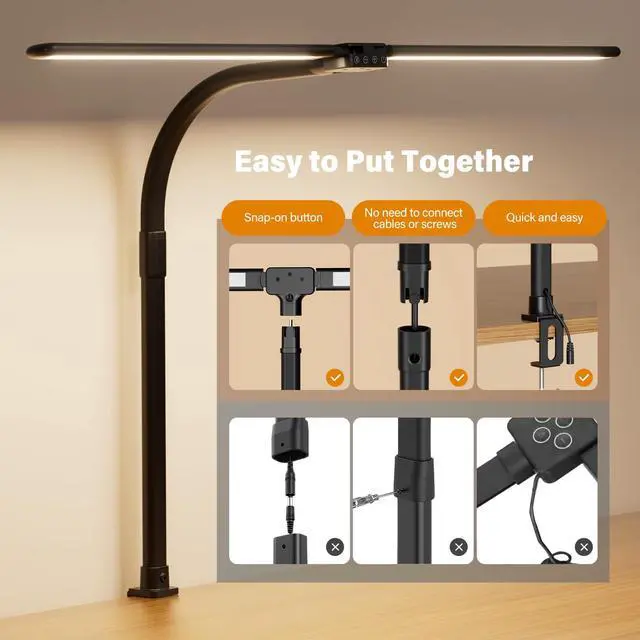 Alt view image 7 of 7 - LED Desk Lamp for Home Office - Dimmable Computer Desk Light with Clamp, Modern Architect Task Lamp with Color Changing, Flexible Desktop Lamp with Gooseneck for Monitor, Double Head, Black
