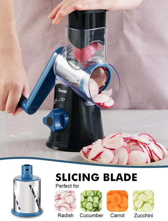Alt view image 3 of 7 - Rotary Cheese Grater, Kitchen Mandoline Vegetable Slicer with 3 Interchangeable Blades, Easy to Clean Grater and Vegetable Chopper, Onion Chopper Pro Food Chopper, Kitchen Slicer