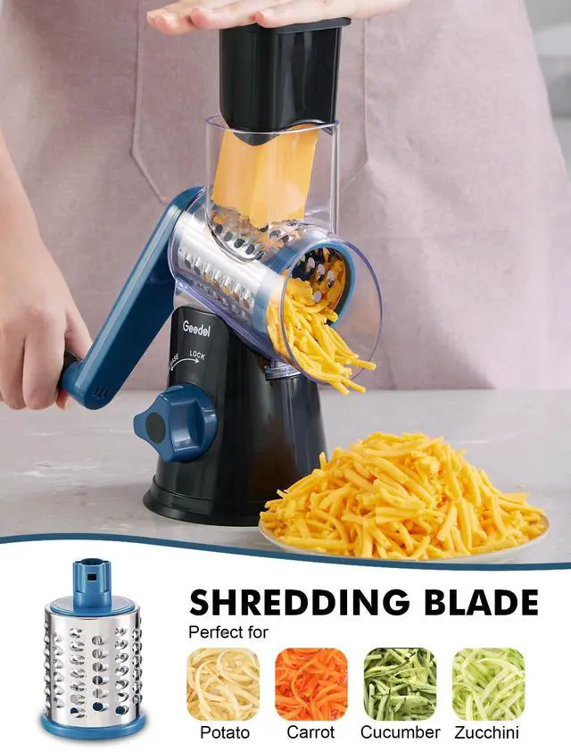 Alt view image 4 of 7 - Rotary Cheese Grater, Kitchen Mandoline Vegetable Slicer with 3 Interchangeable Blades, Easy to Clean Grater and Vegetable Chopper, Onion Chopper Pro Food Chopper, Kitchen Slicer