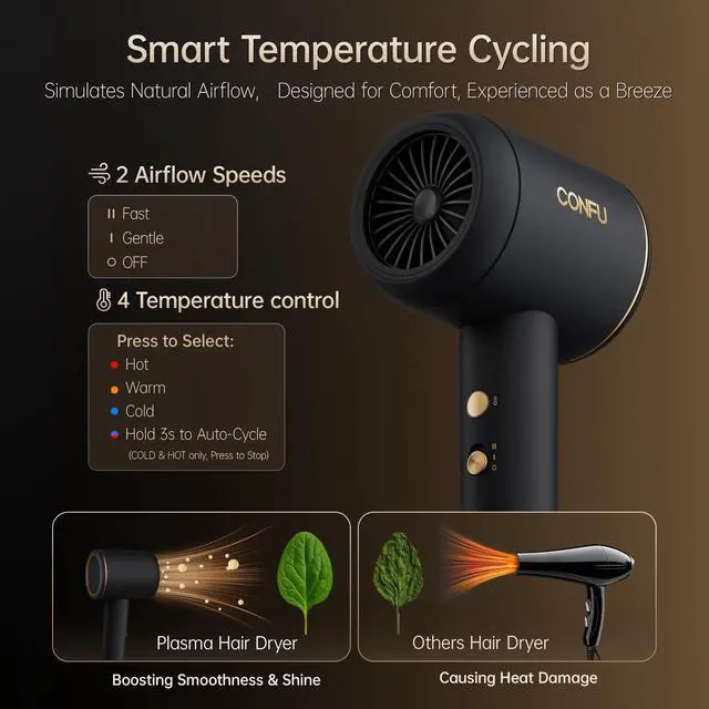 Alt view image 3 of 7 - Diffuser Blow Hair Dryer - 420 Million Plasma Blowdryers for Curly/Fine/Thick/Frizzy Hair - Professional 1600 Watt Ionic Hairdryers Handheld Lightweight (Black)