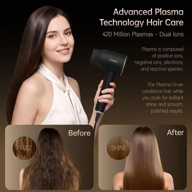 Alt view image 4 of 7 - Diffuser Blow Hair Dryer - 420 Million Plasma Blowdryers for Curly/Fine/Thick/Frizzy Hair - Professional 1600 Watt Ionic Hairdryers Handheld Lightweight (Black)