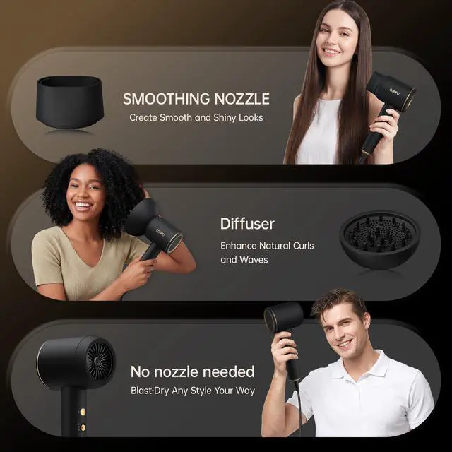 Alt view image 5 of 7 - Diffuser Blow Hair Dryer - 420 Million Plasma Blowdryers for Curly/Fine/Thick/Frizzy Hair - Professional 1600 Watt Ionic Hairdryers Handheld Lightweight (Black)