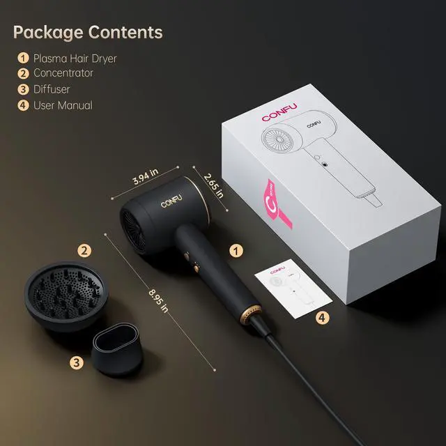 Alt view image 7 of 7 - Diffuser Blow Hair Dryer - 420 Million Plasma Blowdryers for Curly/Fine/Thick/Frizzy Hair - Professional 1600 Watt Ionic Hairdryers Handheld Lightweight (Black)