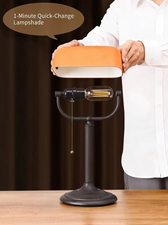 Alt view image 2 of 7 - 1-Minute Quick-Change Shade Matted Amber Glass Bankers Desk Lamp