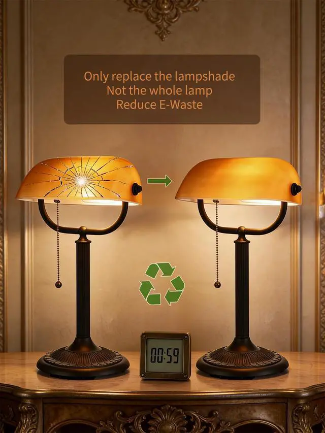 Alt view image 3 of 7 - 1-Minute Quick-Change Shade Matted Amber Glass Bankers Desk Lamp