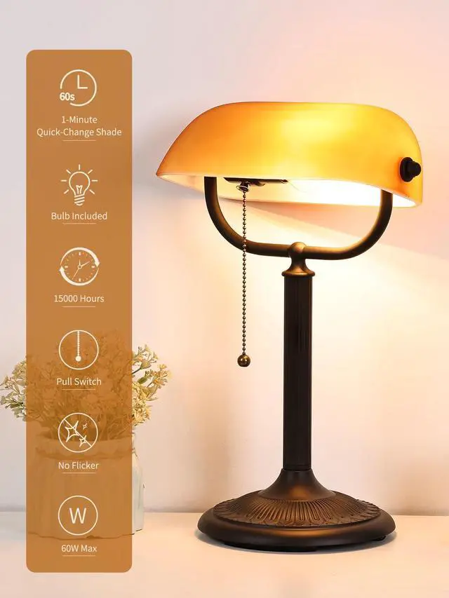 Alt view image 4 of 7 - 1-Minute Quick-Change Shade Matted Amber Glass Bankers Desk Lamp