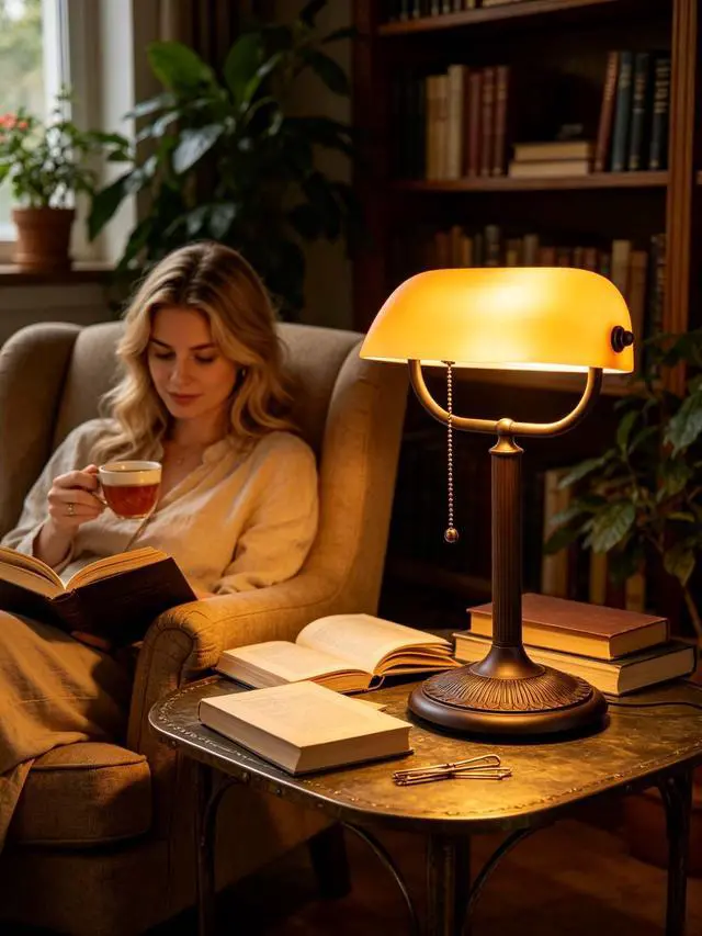 Alt view image 6 of 7 - 1-Minute Quick-Change Shade Matted Amber Glass Bankers Desk Lamp