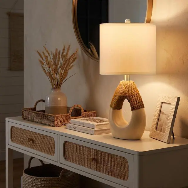 Alt view image 4 of 7 - 19'' Small Boho Table Lamps for Bedroom Set of 2, Farmhouse Rattan Bedroom Lamps for Living Room Rustic Home Decor, Nightstand Bedside Lamps for Sofa Table Entry Way, Suitable for Small Places