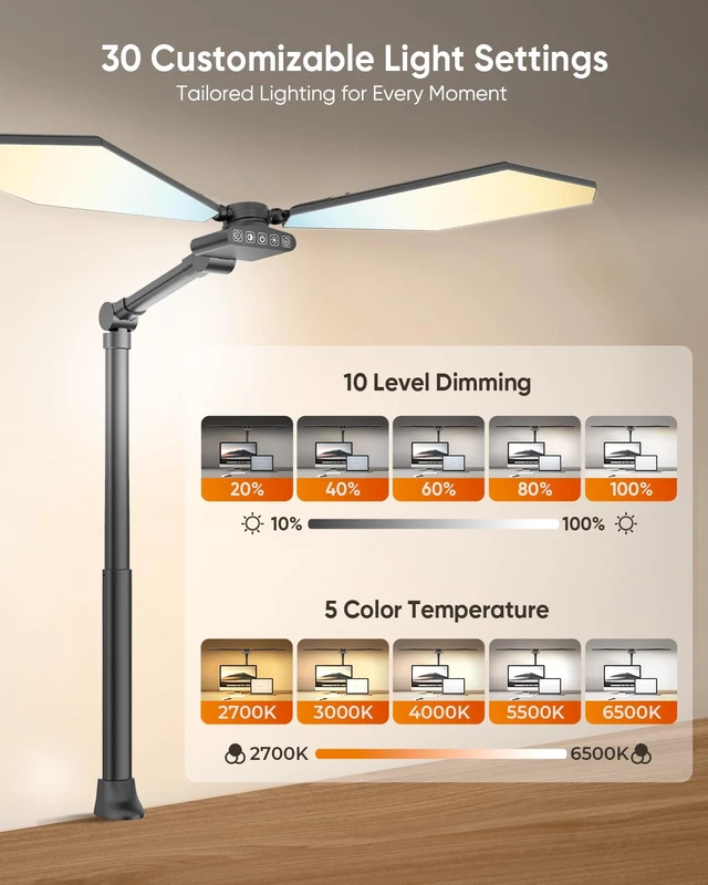 Alt view image 4 of 7 - 36W LED Desk Lamp with Clamp, Dual-Head Architect Lamp with Remote, Black | Super Bright 448-LED 3600LM Work Bench Light, 2700K-6500K, Dimming Overhead Desk Light for Workbenches & Home Office