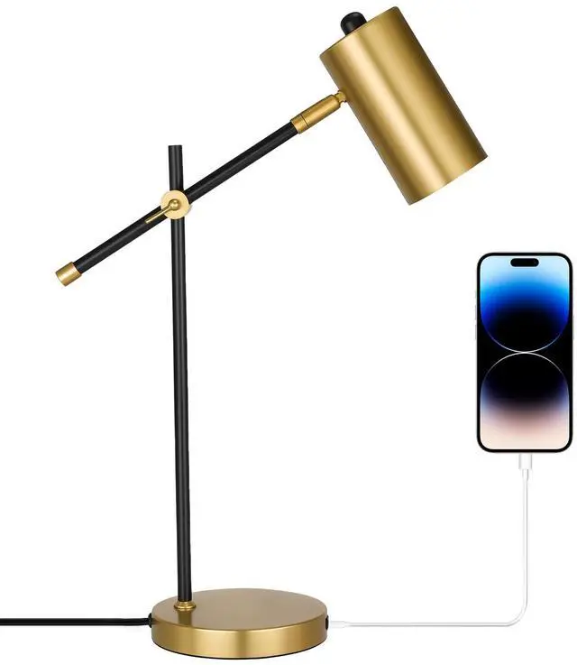 Main image of Modern Black and Gold Desk Lamp with Type C Charging Port, Minimalist Industrial Table Lamp with Swing Arm, for Study Room Home Office Bedroom Bedside Nightstand