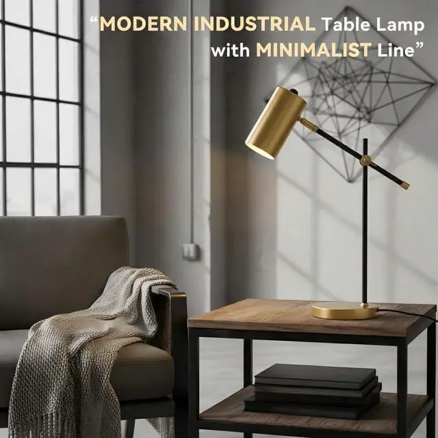 Alt view image 2 of 7 - Modern Black and Gold Desk Lamp with Type C Charging Port, Minimalist Industrial Table Lamp with Swing Arm, for Study Room Home Office Bedroom Bedside Nightstand