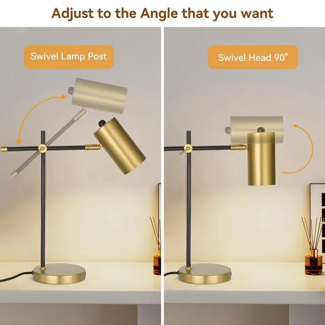 Alt view image 4 of 7 - Modern Black and Gold Desk Lamp with Type C Charging Port, Minimalist Industrial Table Lamp with Swing Arm, for Study Room Home Office Bedroom Bedside Nightstand