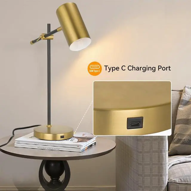 Alt view image 6 of 7 - Modern Black and Gold Desk Lamp with Type C Charging Port, Minimalist Industrial Table Lamp with Swing Arm, for Study Room Home Office Bedroom Bedside Nightstand