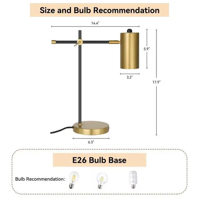 Alt view image 7 of 7 - Modern Black and Gold Desk Lamp with Type C Charging Port, Minimalist Industrial Table Lamp with Swing Arm, for Study Room Home Office Bedroom Bedside Nightstand