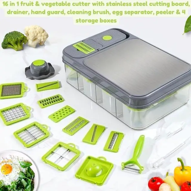Alt view image 2 of 7 - All in 1 Vegetable Chopper Veggie Dicer Stainless Steel Chesse Grater Metal Abs Food Slicer Salad Chopper Multifunctional Tools Fruit Cutter with Cutting Board Kitchen Gadgets
